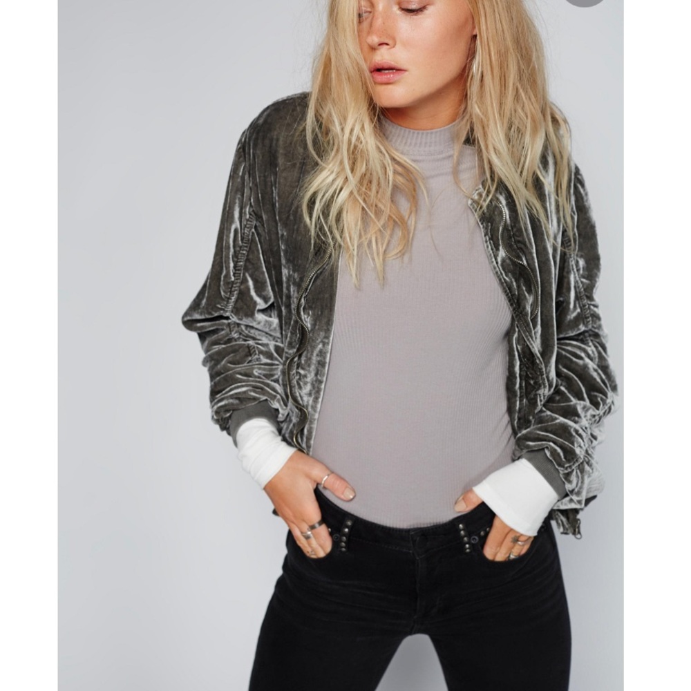 Free People Ruched Velvet Bomber Jacket